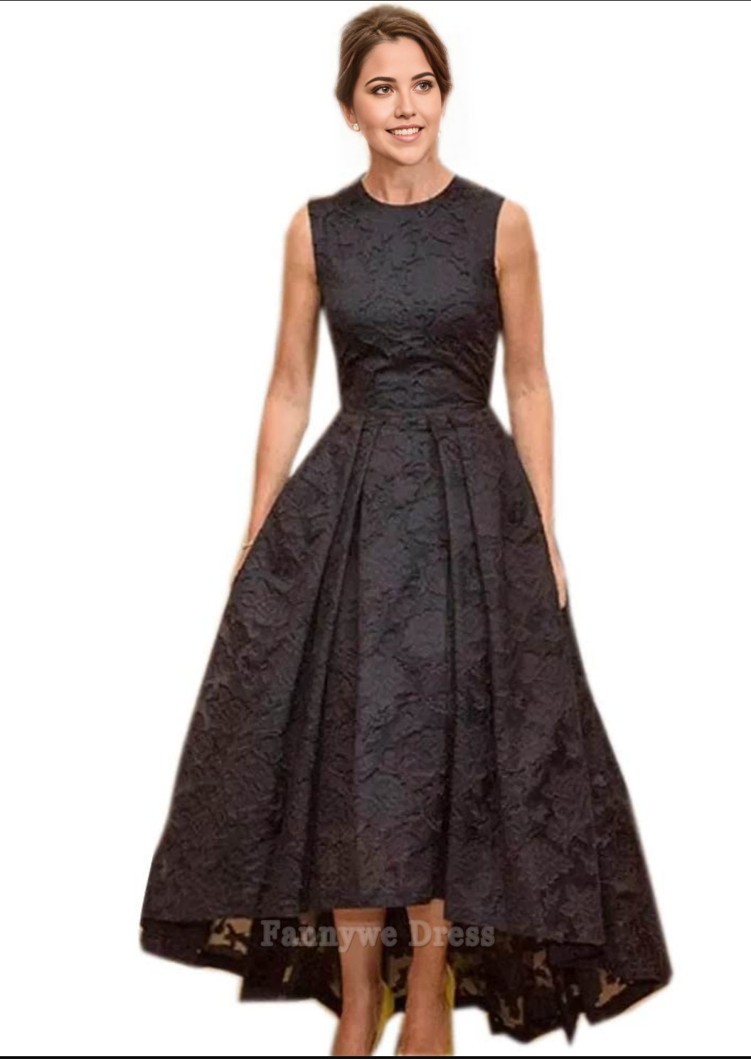Vestido de noche elegante de corte A con escote joya, sin mangas, de encaje, estilo alto bajo, vestido de fiesta, vestido para madre de la novia